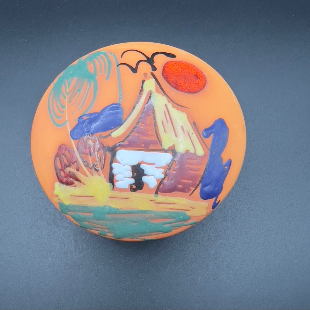 Hand Painted Terra Cotta Pottery Trinket Box Lidded Vanity Colorful Mexican